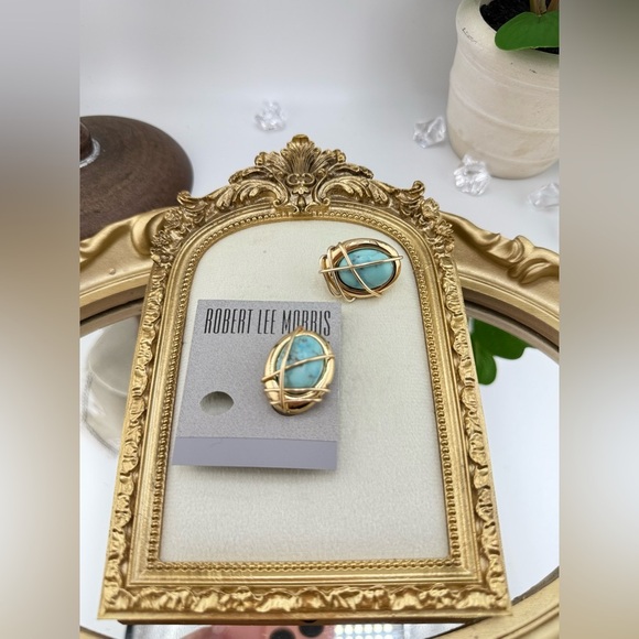 Robert Lee Morris Turquoise Gold Sculptural Clip-On Earrings Vintage Vibe - Picture 8 of 8